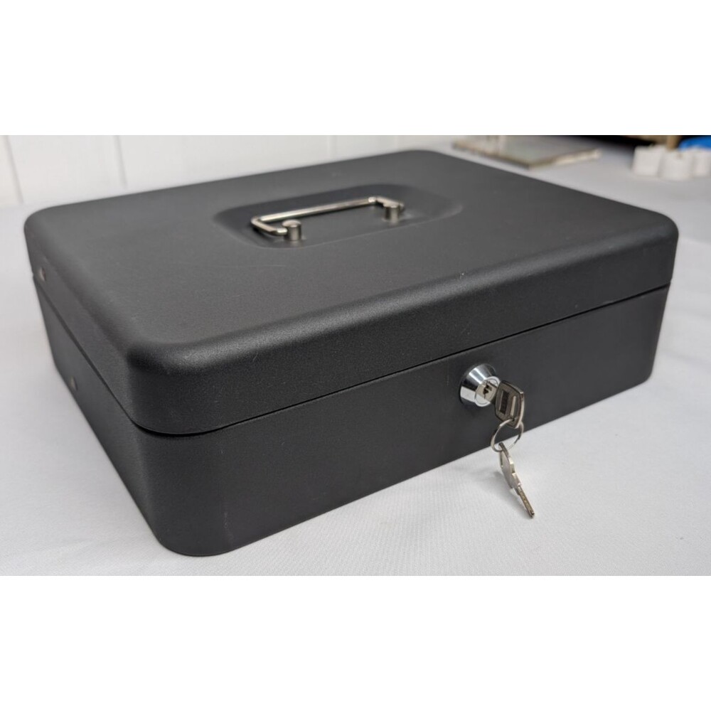 Large Lockable Cash Box with Money Tray & Key, Black, 11.8x9.45x3.54